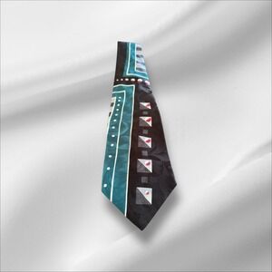 Don Loper Necktie Italian Silk‎ Geometric Print Teal Black Patterned Tie